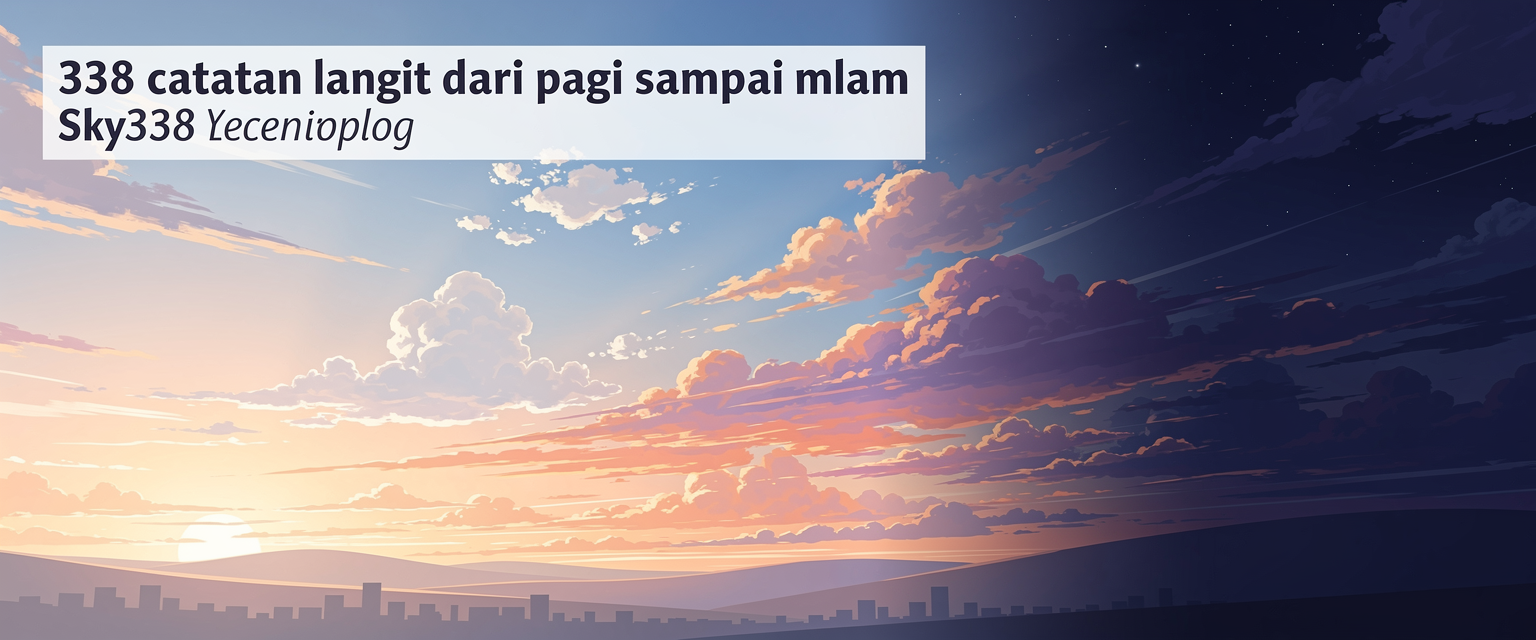 Ilustrasi 338 catatan langit dari pagi sampai malam untuk Sky338 dengan tema 338 catatan langit, awan, warna senja, dan perubahan cuaca ringan.